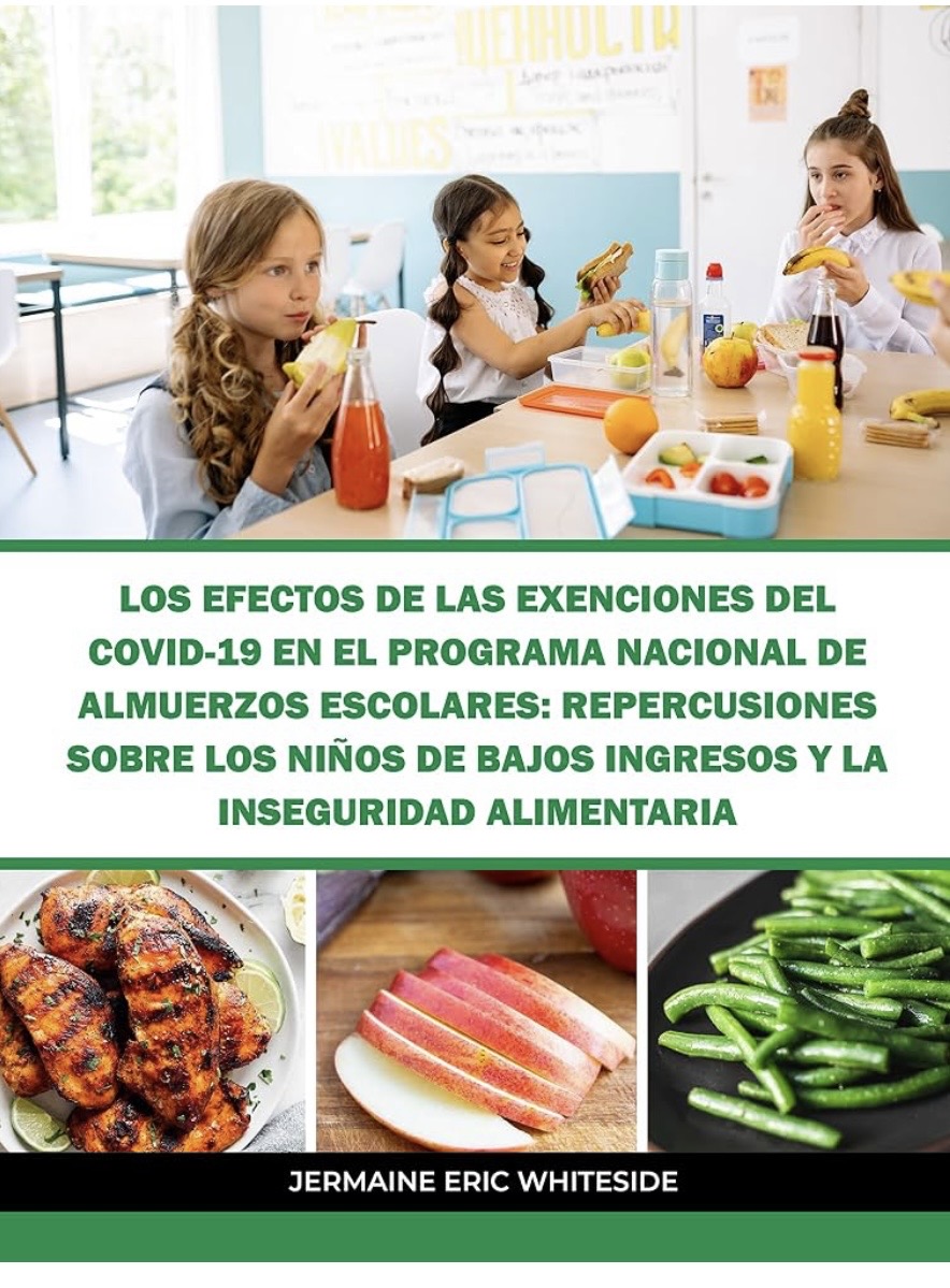 Spanish-language book cover about COVID-19 exemptions, school lunch programs, low-income children, and food insecurity